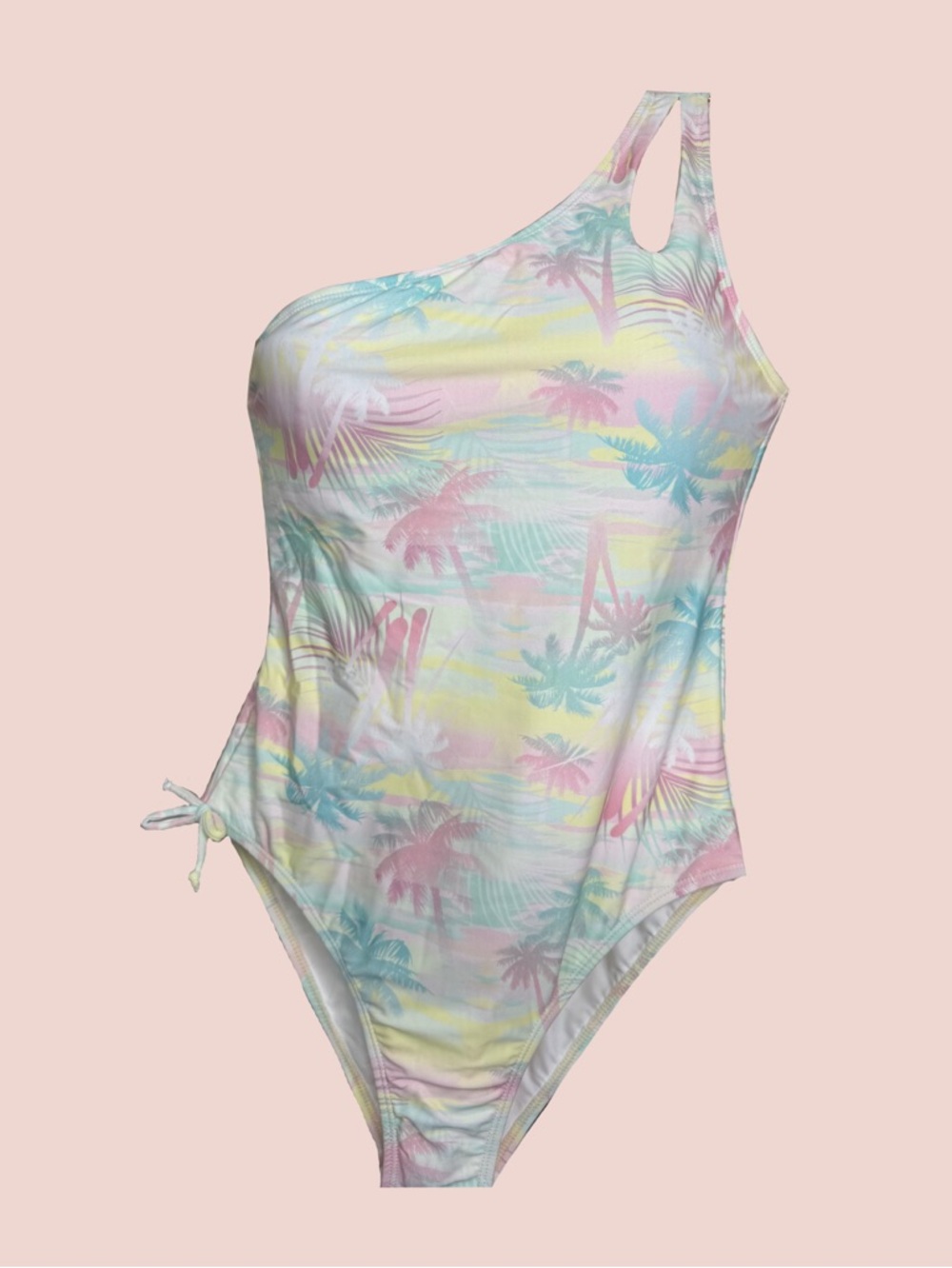 One-Shoulder Pastel Palm Print Girls' One-Piece Swimsuit